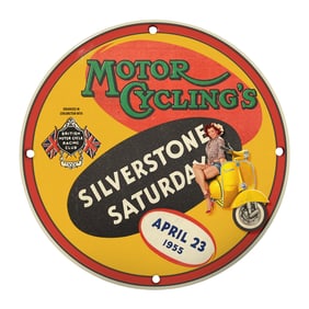 Collectible 8" Round Retro Porcelain Sign - Motorcycling's Silverstone Saturday, 1955