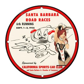 Vintage 8-Inch Round Porcelain Sign: Santa Barbara Road Races 1956 - Unique Collectible