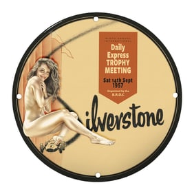 Unique 8" Round Porcelain Sign: Vintage Silverstone Daily Express Trophy Meeting 1957