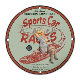 Vintage 8" Round Porcelain Sign - Unique Sports Car Races Design from 1957