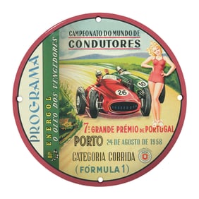 Rare Vintage 8" Round Porcelain Sign - 1958 Portugal Grand Prix Formula 1 Memorabilia
