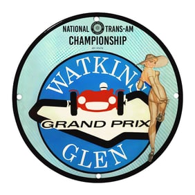 Vintage Watkins Glen Grand Prix Porcelain Sign - Rare 8" Round Collectible
