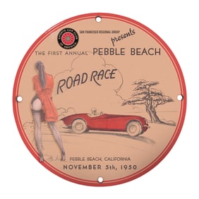 Unique 8" Round Vintage Porcelain Sign - First Annual Pebble Beach Road Race 1950