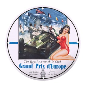 Vintage Grand Prix d'Europe Porcelain Sign - 8" Round Art Deco Racing Memorabilia