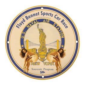 Rare 8" Round Porcelain Sign: Floyd Bennet Sports Car Race, U.S. Naval Air Station