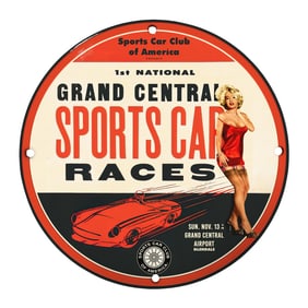 Vintage 8" Round Porcelain Sign - Grand Central Sports Car Races Design