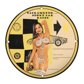 Rare 8" Round Porcelain Sign: Sacramento Sport Car Races - Collectible Vintage Art