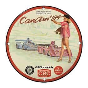 Rare 1984 Can-Am Racing Porcelain Sign - Lime Rock Park Memorabilia - 8" Round Design