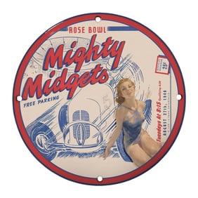 Vintage 8" Round Porcelain Sign - Mighty Midgets Racing at Rose Bowl (1946) Retro Decor