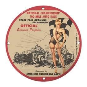 Unique 8" Round Rare Design Porcelain Sign - National Championship Auto Race Memorabilia