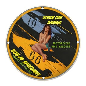 Vintage 8" Round Porcelain Sign - Bob's Speedway Stock Car Racing Art Decor