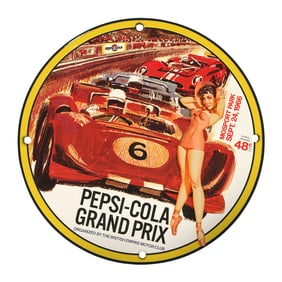 Vintage 8" Rare Design Porcelain Sign - Pepsi-Cola Grand Prix 1966 Memorabilia
