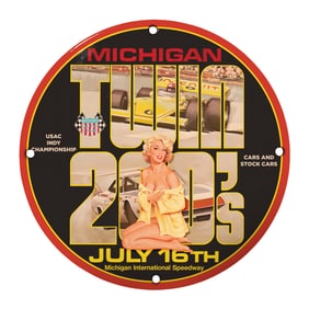 Vintage 8" Round Michigan Twin 200's Porcelain Sign - Rare Collectible for Racing Enthusiasts