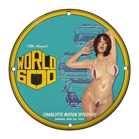 Rare 8-Inch Round Porcelain Sign - Vintage World 600 Charlotte Motor Speedway Design