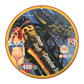 Rare 1991 NASCAR Miller Genuine Draft Porcelain Sign - 8" Round Collectible