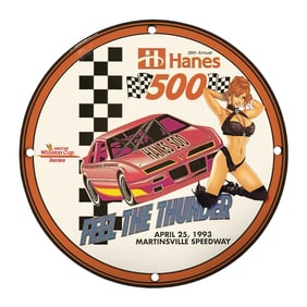 Vintage 8" Round Porcelain Sign - 1993 Hanes 500 NASCAR Collectible - Feel the Thunder