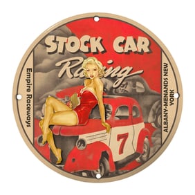 Vintage 8-Inch Round Porcelain Sign - Stock Car Racing at Empire Raceways, Albany NY