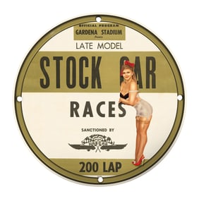 Rare 8" Round Vintage Porcelain Sign - Stock Car Races Garden Stadium Collectible