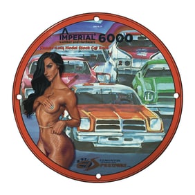 Vintage 8" Round Porcelain Sign - Rare Nascar Design Featuring Classic Car Race Artwork