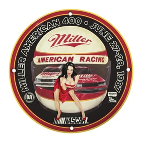 Rare Vintage 8" Round Porcelain Sign - Miller American 400 NASCAR Memorabilia