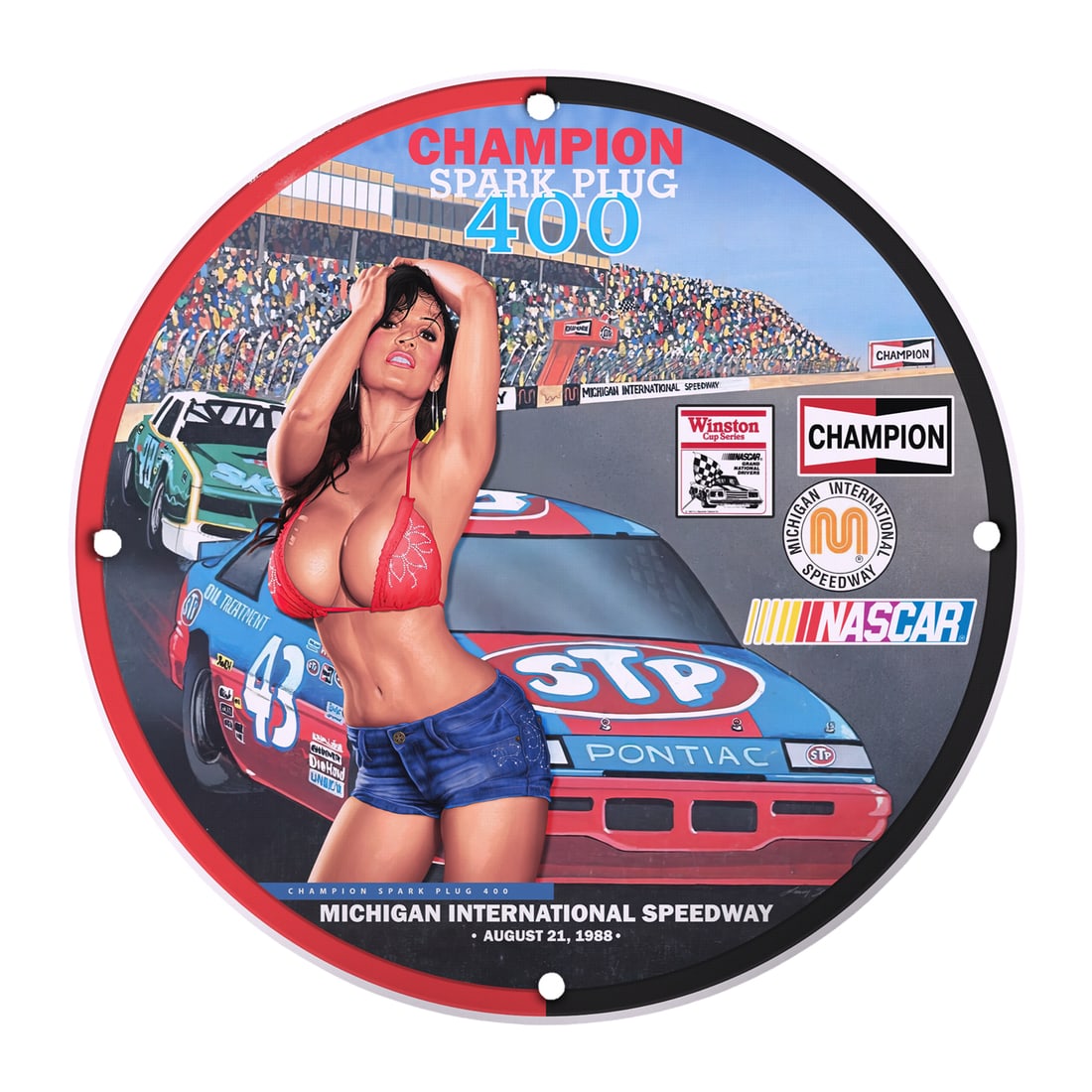 Rare 8" Round Champion Spark Plug Porcelain Sign - NASCAR Collectible Art: Discover a unique piece of automotive history with this rare 8" round porcelain sign celebrating the Champion Spark Plug 400 race from August 21, 1988, at Michigan International Speedway. This collect