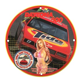 Rare 8" Round Daytona 500 Porcelain Sign Featuring Iconic Design & Racing History