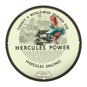 Vintage 8" Round Porcelain Sign - Hercules Power Engine Advertising Art for Collectors