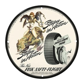 Unique 8" Porcelain Sign - Rare Vintage Fisk Saft-Flight Tire Advertisement