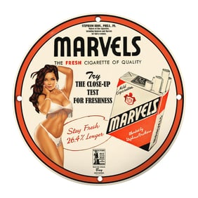 Rare Unique Design 8" Marvels Porcelain Sign - Vintage Cigarette Advertising Art