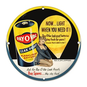 Vintage Ray-O-Vac Porcelain Sign - Unique 8" Battery Advertising Design
