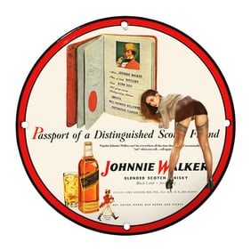 Rare Unique Design 8" Porcelain Sign - Vintage Johnnie Walker Advertisement