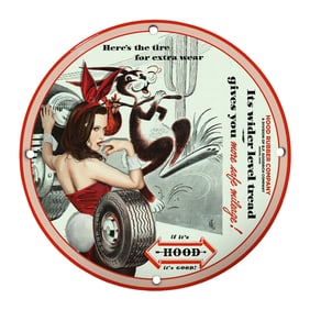 Rare Unique Design 8" Porcelain Sign - Vintage Hood Rubber Company Art