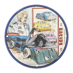 Unique Vintage 8" Porcelain Racing Sign Featuring Anticock Speedway Artwork