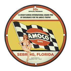 Rare 8-Inch Porcelain Amoco Gas Sign - 1957 Sebring International Grand Prix Memorabilia