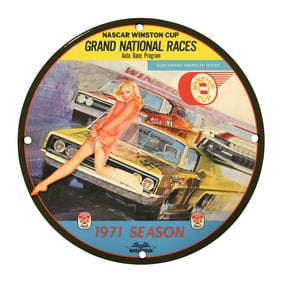 Rare Vintage 8" Porcelain Sign - 1971 NASCAR Winston Cup Grand National Races