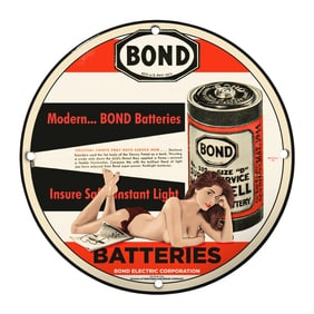 Rare & Unique 8" Porcelain Sign - Vintage Bond Batteries Art