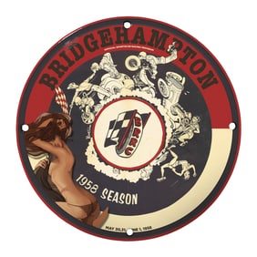 Rare Vintage 8" Bridgehampton 1958 Season Porcelain Sign for Collectors & Racing Enthusiasts