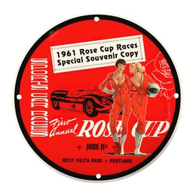1961 Rose Cup Races Porcelain Sign - Vintage Racing Memorabilia | Rare Design