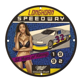 Rare Unique Design 8" Vintage Porcelain Sign: Longhorn Speedway Memorabilia