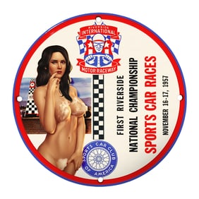 Rare Vintage 8" Porcelain Sign: Riverside International Motor Raceway Sports Car Races 1957