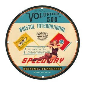 Unique 8-Inch Porcelain Sign Celebrating the Bristol International Speedway's First Volunteer 500
