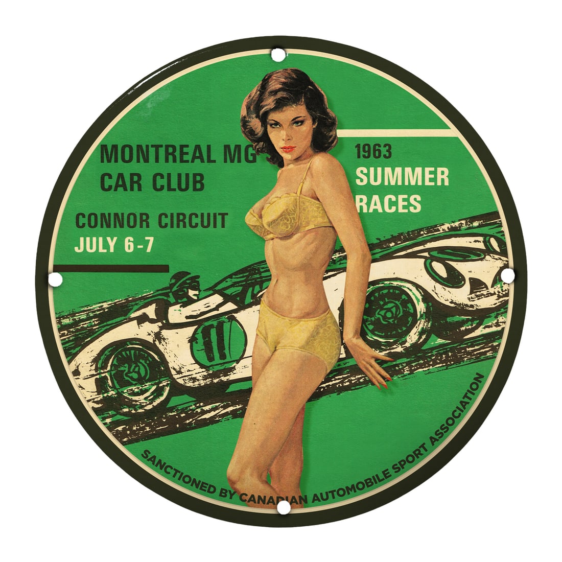 Rare 8" Vintage Porcelain Sign: Montreal MG Car Club 1963 Summer Races: Are you a passionate collector of unique automotive memorabilia? This rare and unique porcelain sign, measuring 8 inches in diameter, is a true gem that captures the spirit of vintage racing and autom