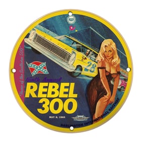 Unique 8" Vintage Porcelain Sign - Rebel 300 NASCAR Collector's Item from 1965