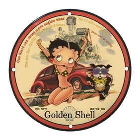 Vintage 8" Porcelain Golden Shell Motor Oil Sign Featuring Iconic Cartoon Art