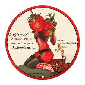 Rare Vintage 8" Porcelain Sign: Luscious Ripe Strawberries & Baby Ruth ? Unique Collector's Piece
