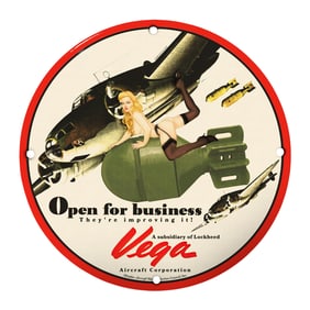 Rare Vintage 8" Porcelain Aviation Sign - Vega Aircraft Corporation - Open for Business