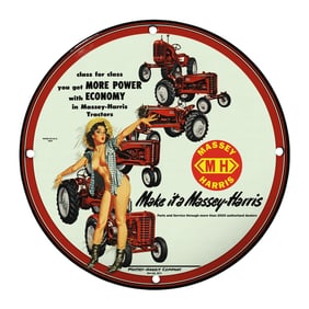 Rare Unique Design 8" Porcelain Sign: Vintage Massey-Harris Tractors Art