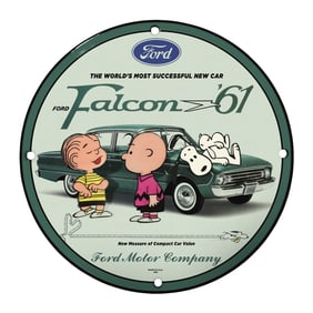 Rare 8" Porcelain Sign: 1961 Ford Falcon with Peanuts Characters - A Unique Collectible