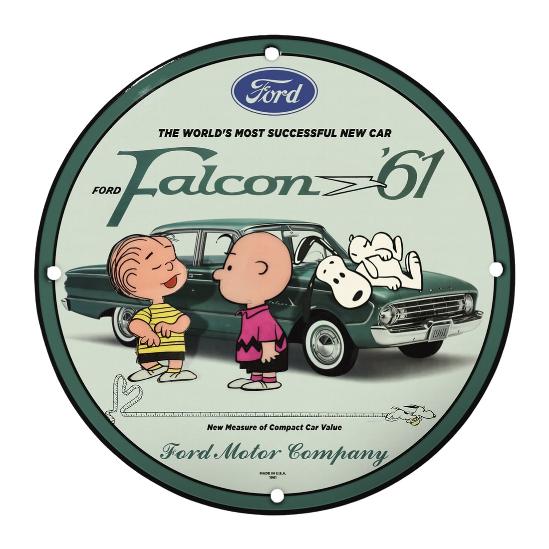 Rare 8" Porcelain Sign: 1961 Ford Falcon with Peanuts Characters - A Unique Collectible (1 of 1)