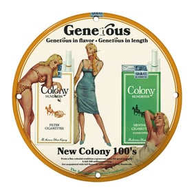 Rare Unique Design 8" Porcelain Sign: Colony Hundreds Cigarettes Artwork